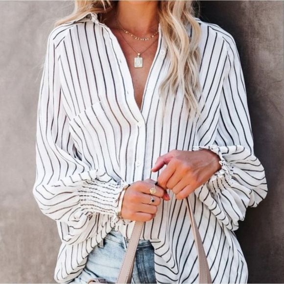 Women's PLUS White Striped Oversized Shirred Lantern Sleeve Button Blouse XL - Picture 7 of 10